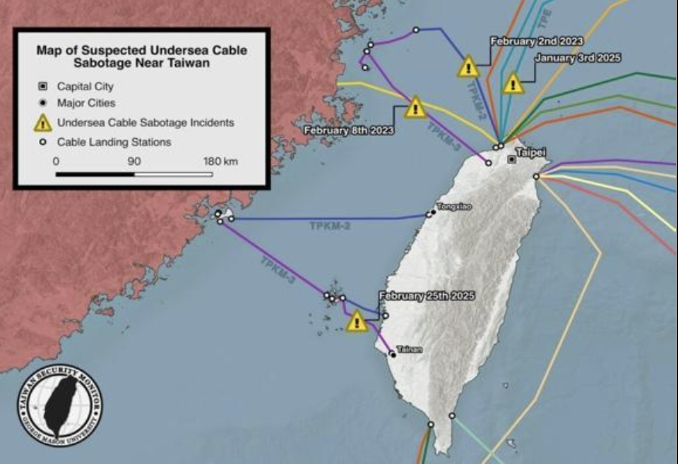 A graphic depicting incidents of suspected undersea cable sabotage around Taiwan from early 2023 to early 2025